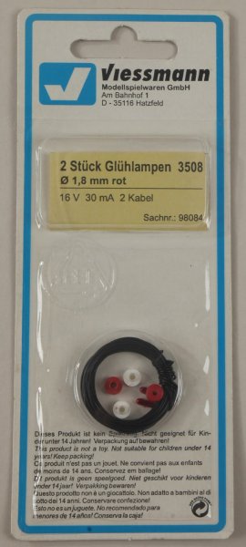 Viessmann 3508 Glühlampen rot T1/2, Ø 1,8 mm, 16 V, 30 mA,2 Kabel, 2 Stück