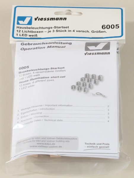 Viessmann 6005 Hausbeleuchtungs-Startset, 12 Boxen, 4 verschiedene Größen, 1 LED weiß