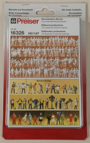 Preiser 16326 Verschiedene Berufe. 120 unbemalte Figuren. Bausatz  1/87