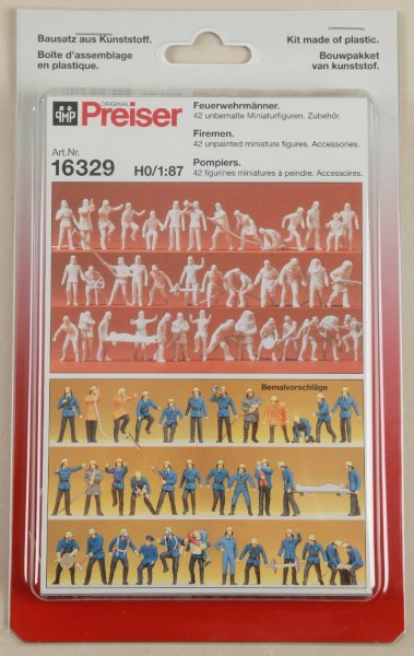Preiser 16329 Feuerwehrmänner. 42 unbemalte Figuren. Mit Zubehör. Bausatz  1/87