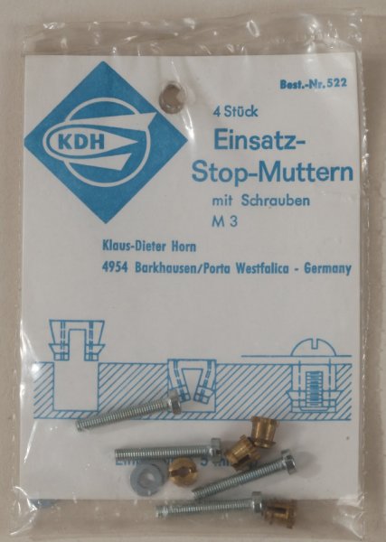 KDH 522 Einlass-Stop-Muttern M3 mit Zylinderschrauben 4 Stück