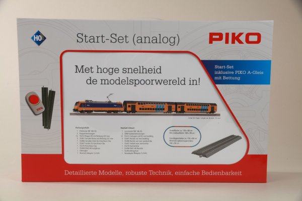 PIKO 97939 Start-Set mit Bettung Personenzug E-Lok und 2 Doppelstockwagen NS V