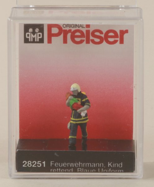 Preiser 28251 Feuerwehrmann, Kind rettend. Blaue Unifo